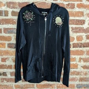 True Religion Medium Black RE-BELLE Studded Long Sleeve Hoodie Full Zip Sweater